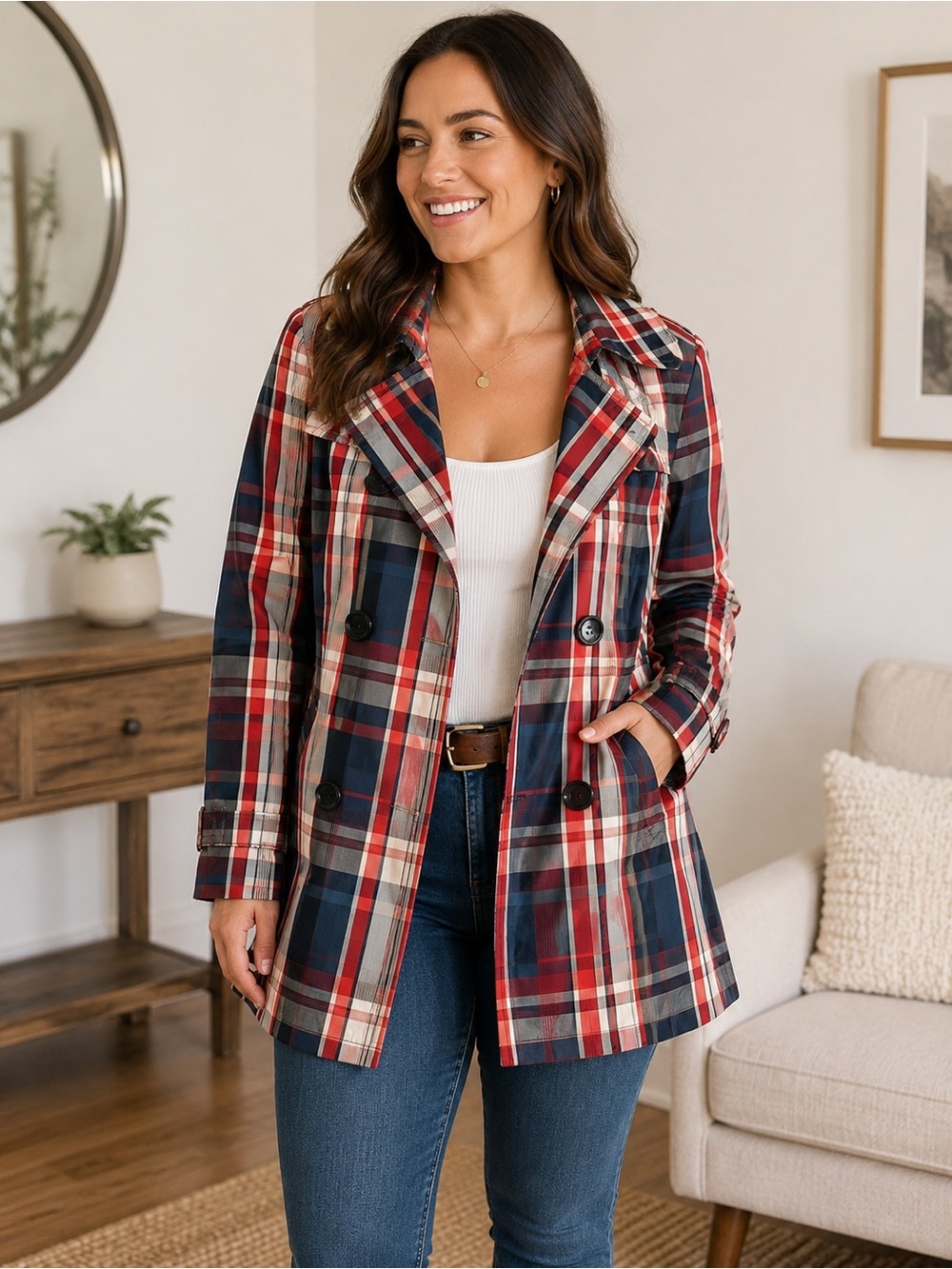 Robin Red Blue Plaid Trench Coat Double Breasted Jacket